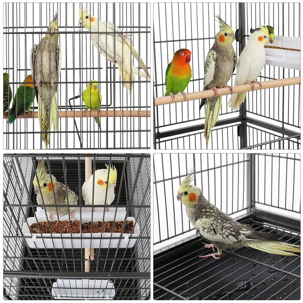 Large Metal Rolling Bird Cage with 3 Perches 4 Feeders