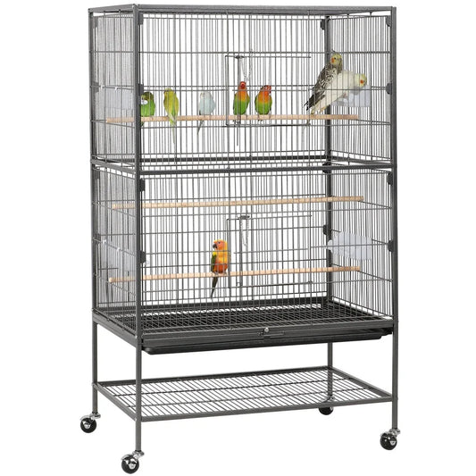 Large Metal Rolling Bird Cage with 3 Perches 4 Feeders