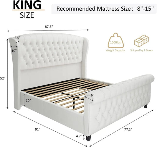 King Size Platform Bed Frame Upholstered Sleigh Style