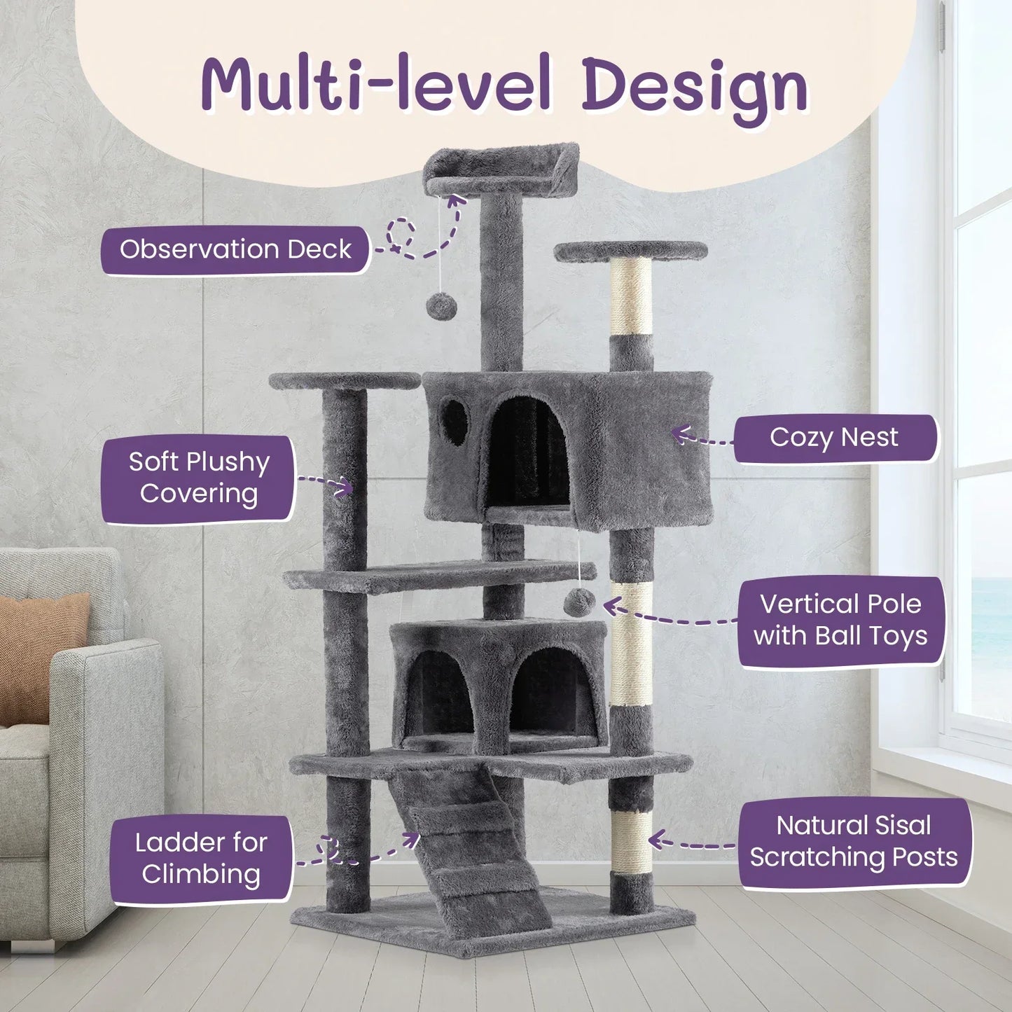 Multi-Level Cat Tower, Dark Grey