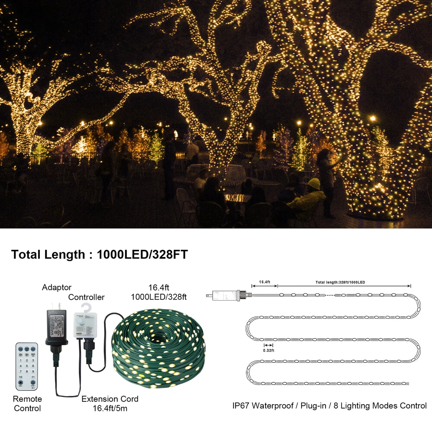 Outdoor Christmas Rope Lights,1000LED/328Ft