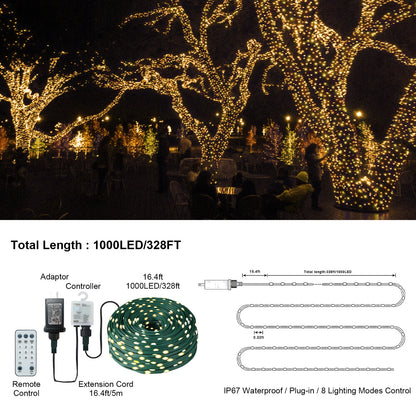 Outdoor Christmas Rope Lights,1000LED/328Ft