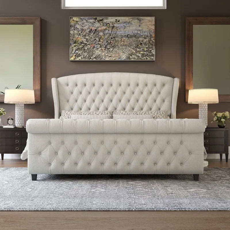 King Size Platform Bed Frame Upholstered Sleigh Style