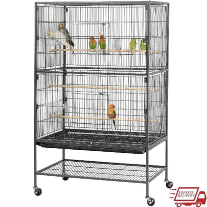 Large Metal Rolling Bird Cage with 3 Perches 4 Feeders