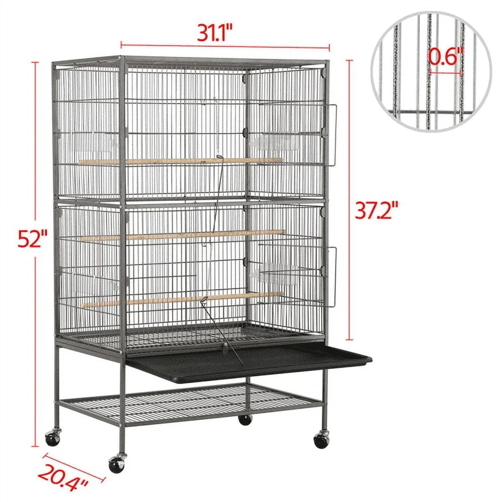 Large Metal Rolling Bird Cage with 3 Perches 4 Feeders
