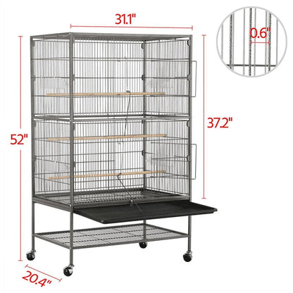 Large Metal Rolling Bird Cage with 3 Perches 4 Feeders