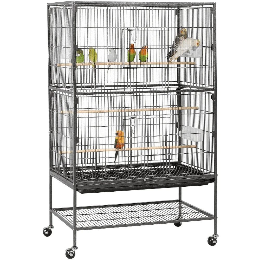 Large Metal Rolling Bird Cage with 3 Perches 4 Feeders