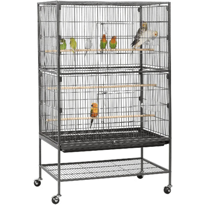 Large Metal Rolling Bird Cage with 3 Perches 4 Feeders