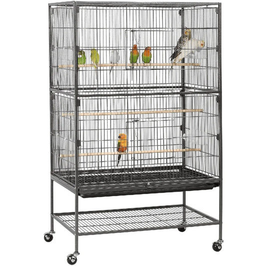 Large Metal Rolling Bird Cage with 3 Perches 4 Feeders