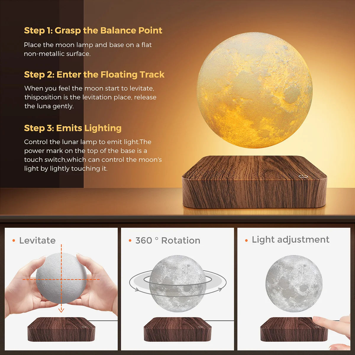 Floating Moon Lamp with Wooden Base