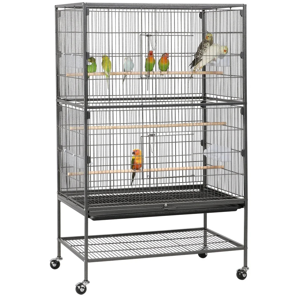 Large Metal Rolling Bird Cage with 3 Perches 4 Feeders