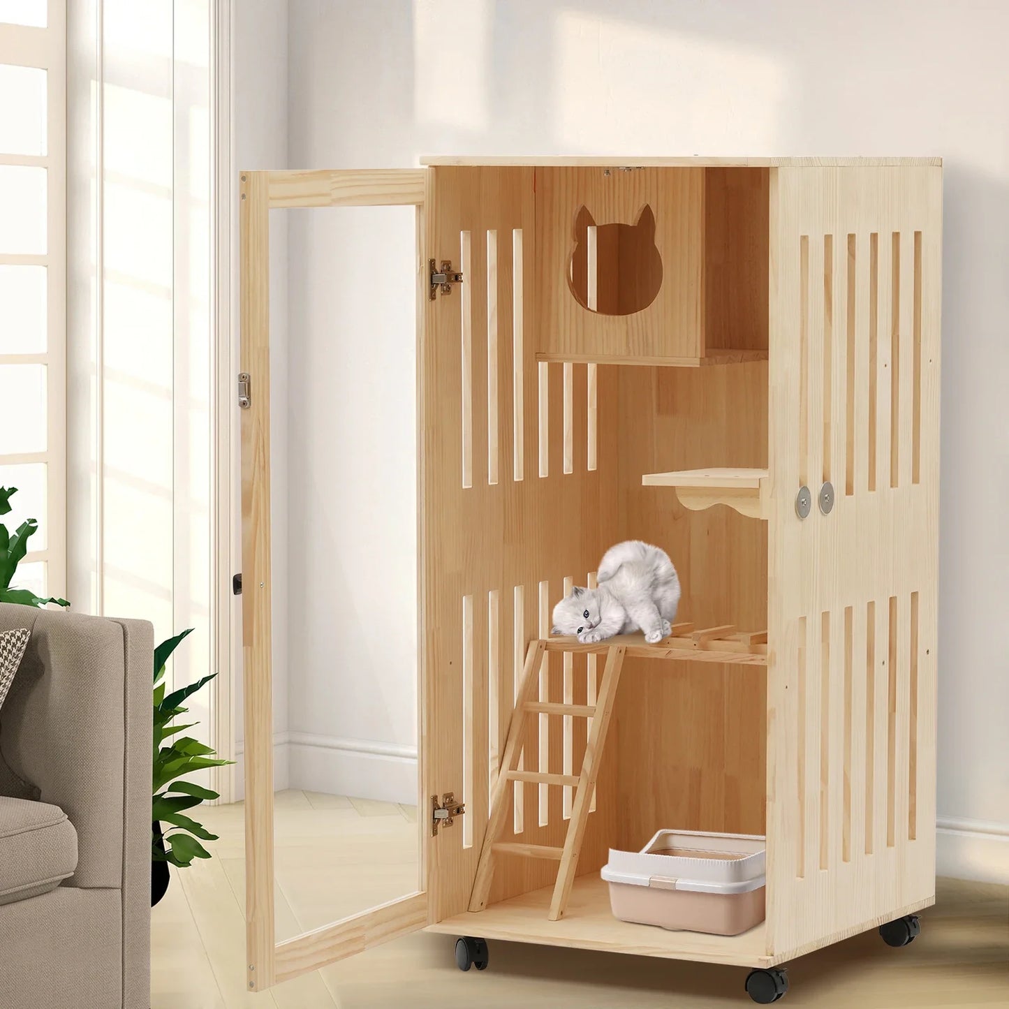 Large Multi-Level Wooden Cat Condo